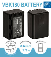 BM Premium 2 Pack VW-VBK180 Batteries and Charger for Panasonic HC-V10 HC-V100 HC-V500 HC-V600M HC-V700 HDC-HS40 HS40K HS60 HS60K HS80 HS80K Camcorder