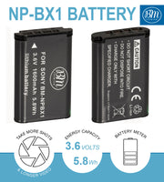 BM Premium 2 Pack NP-BX1/M8 Batteries and Charger for Sony CyberShot DSC-RX100, RX100 V, DSC-RX1R II, HX50V, HX60V HX80V, HX90V, WX300, WX350 Cameras