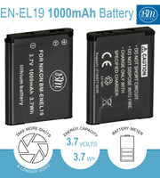 BM 2 EN-EL19 Batteries and Dual Bay Battery Charger for Nikon Coolpix S4100, S4200, S4300, S5200, S5300, S6400, S6500, S6800, S6900, S7000 Cameras