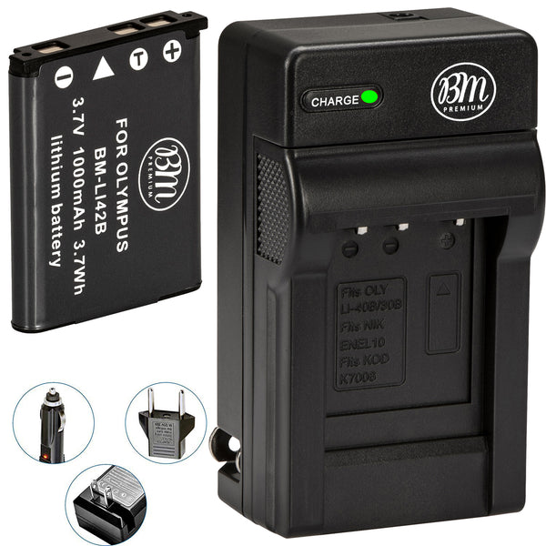 BM Premium LI-40B, LI-42B Battery and Battery Charger for Olympus Tough 3000, TG-310, TG-320, VR310, VR320, VR330 Cameras