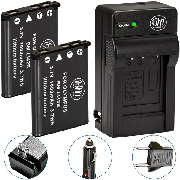 BM Premium 2 Pack of LI-40B, LI-42B Batteries and Battery Charger for Olympus Stylus 1040, 1050W,  1070, 1200, 7000, 7010, 7020, 7030, 7040 Cameras